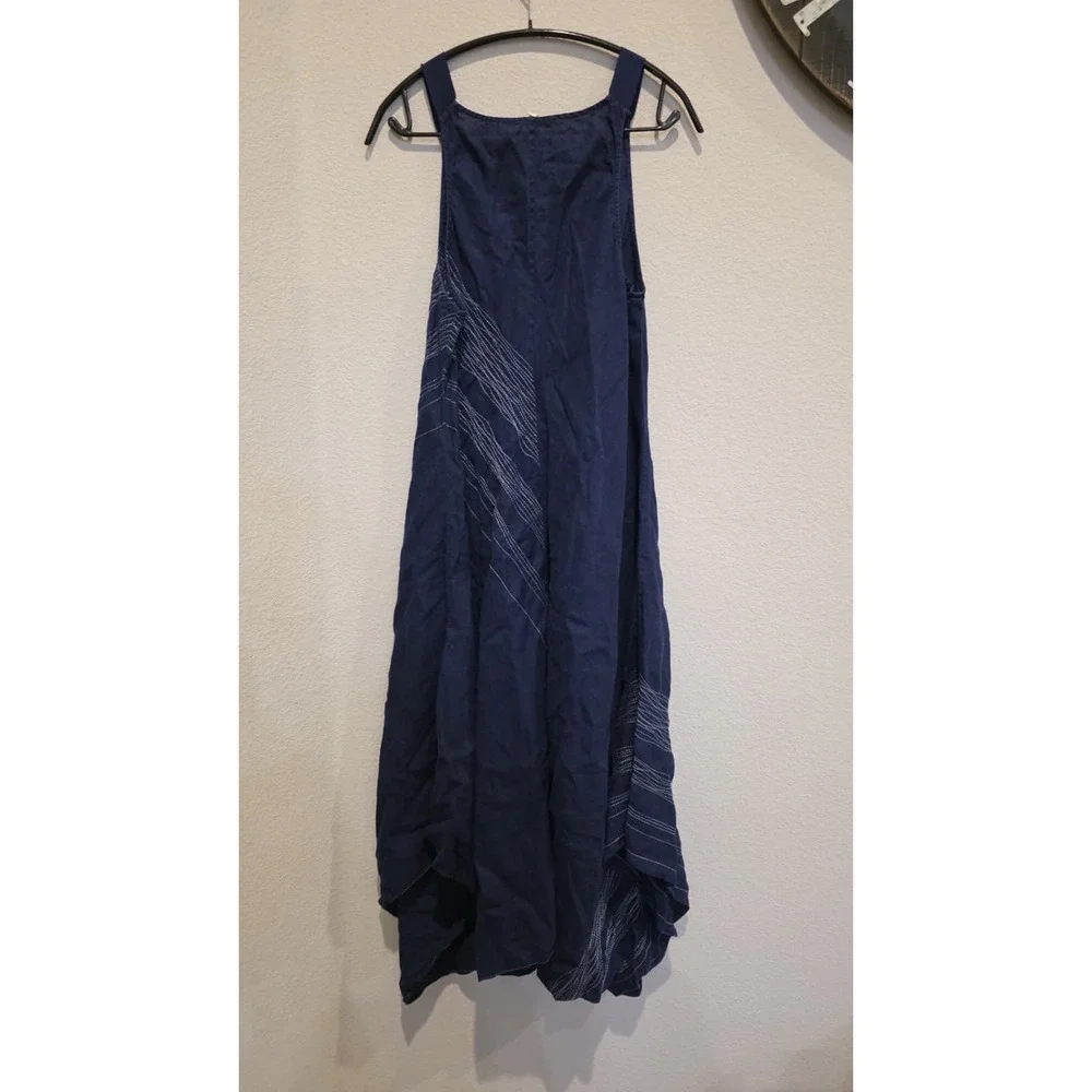 Eileen Fisher Irish Linen Asymmetrical Midi Dress Navy Blue Stitch Sleeveless  L - Picture 8 of 10